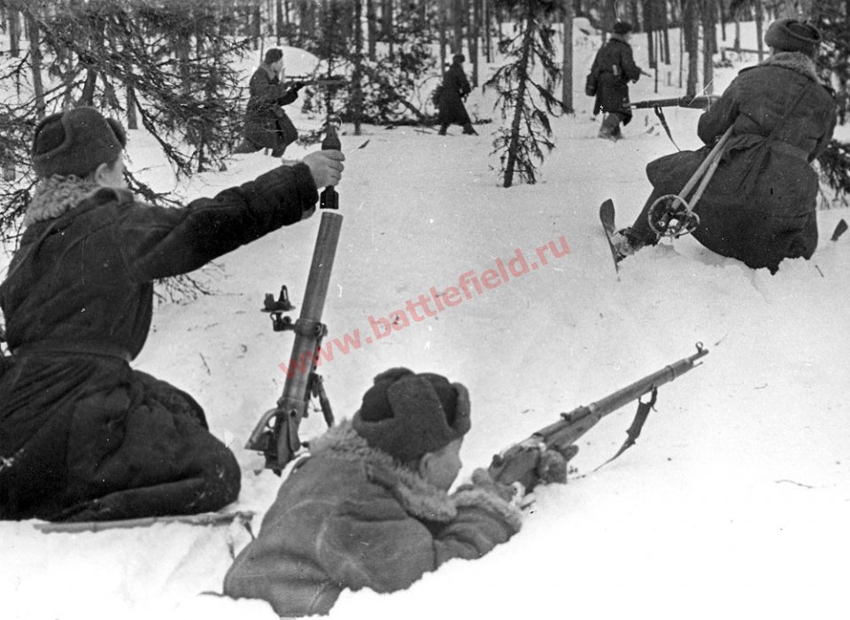Расчет 50-мм ротного миномета обр. 1941 г на учениях. 19-я армия, Карельский фронт. 1943 г.