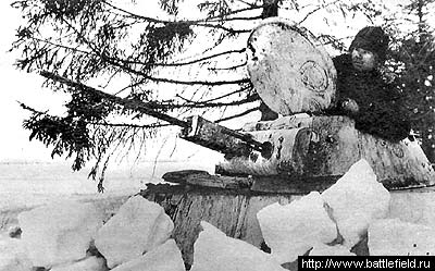 T-30 commanded by P.I.Meev is camouflaged by frosted snow. Western Front, 1942